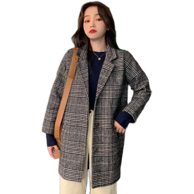 

Elegant Tweed Woolen Outerwear Female Women Plaid Wool Blends Coat Winter Autumn Fashion