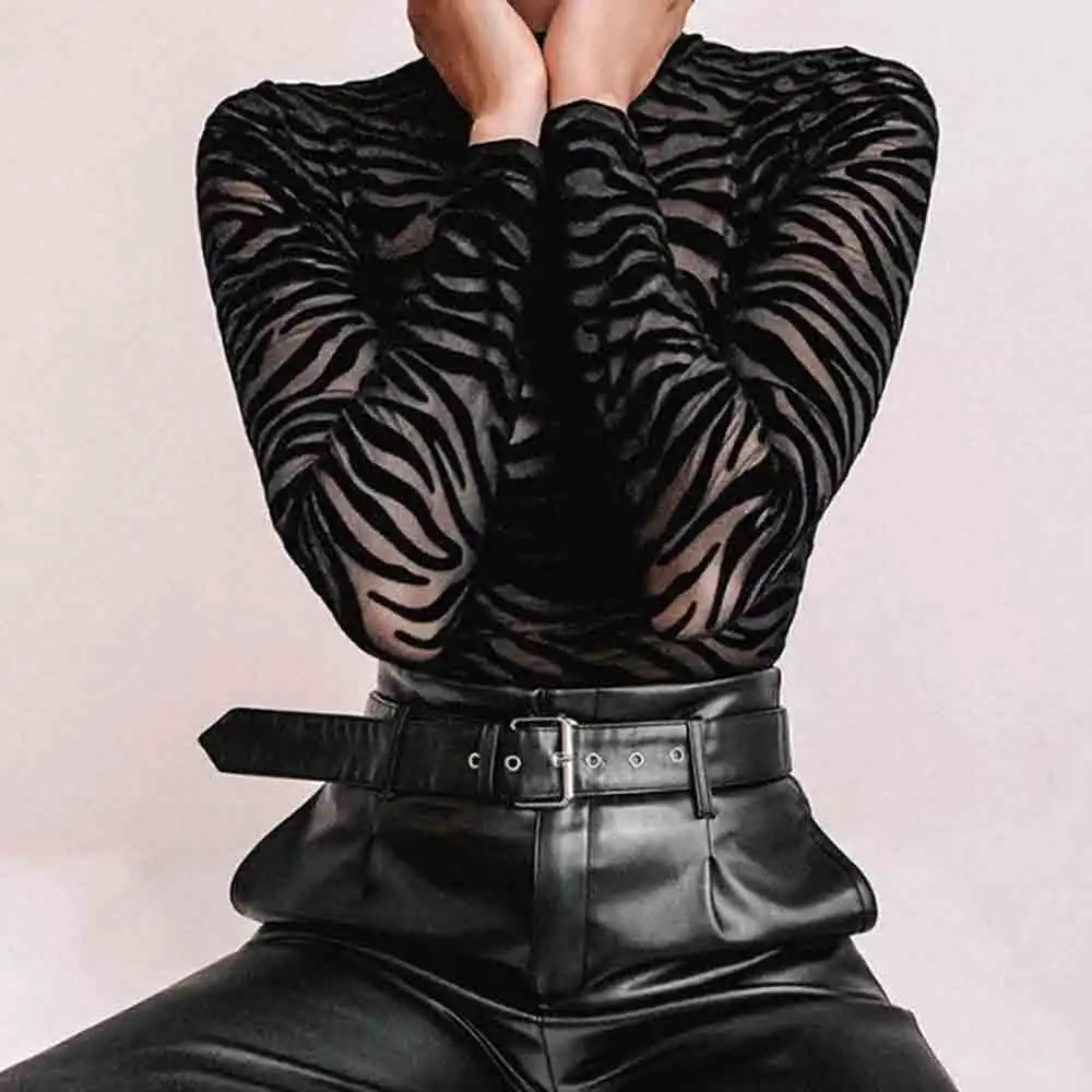 

Sexy Mesh Bodysuit Stripe Print Long Sleeve Mock Neck See-Through Spring Autumn New Women Black Elastic Ladies Rompers