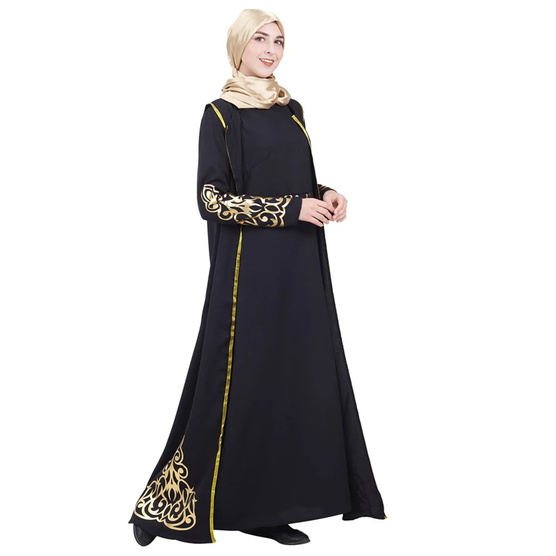Дубаи Стильные комплекты abaya мусульманские женские пальто и платье из двух частей Золотой аппликации вечерний халат леди классический Caftan наборы