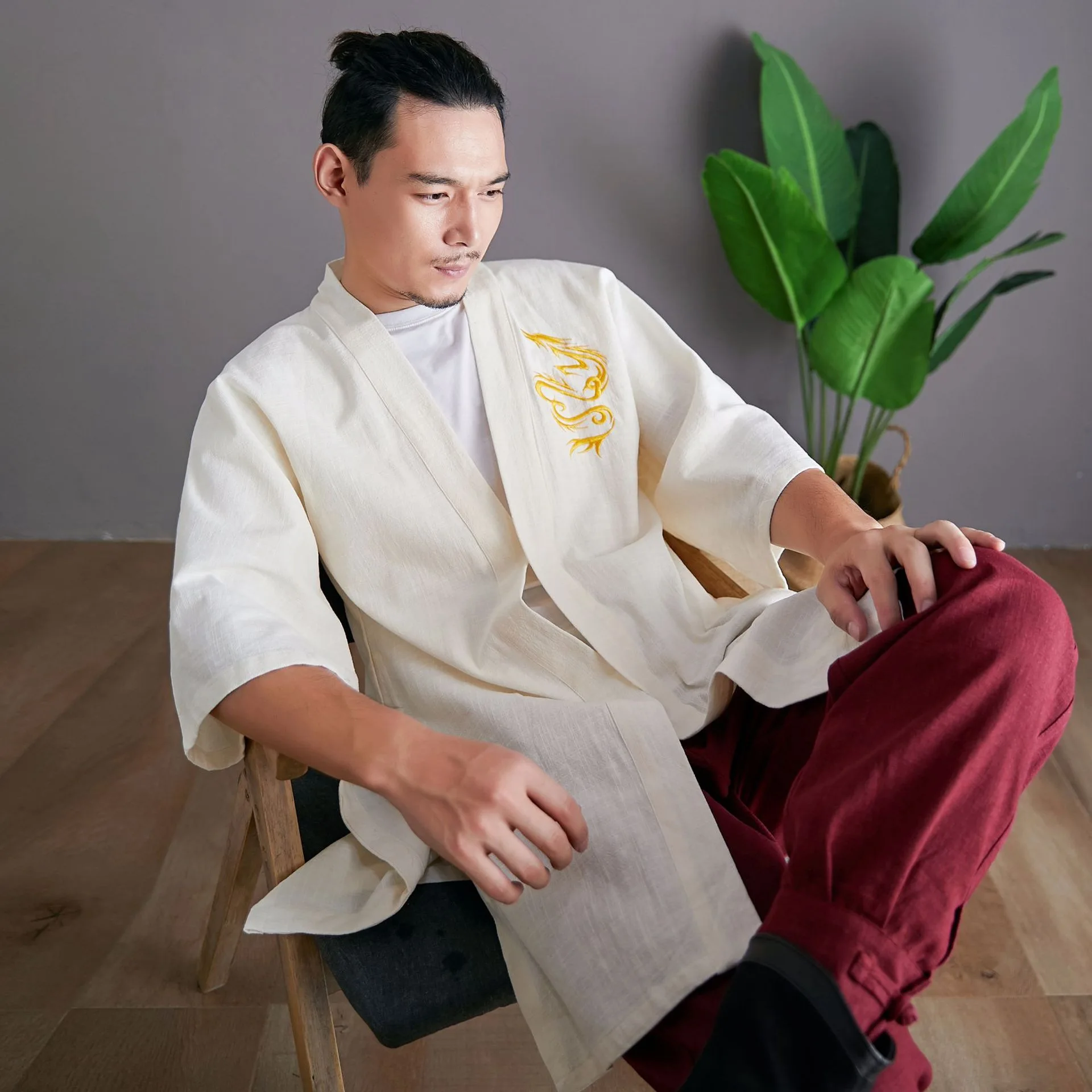 Мужские хлопковые льняные куртки Hanfu в китайском стиле костюм с вышивкой дракона
