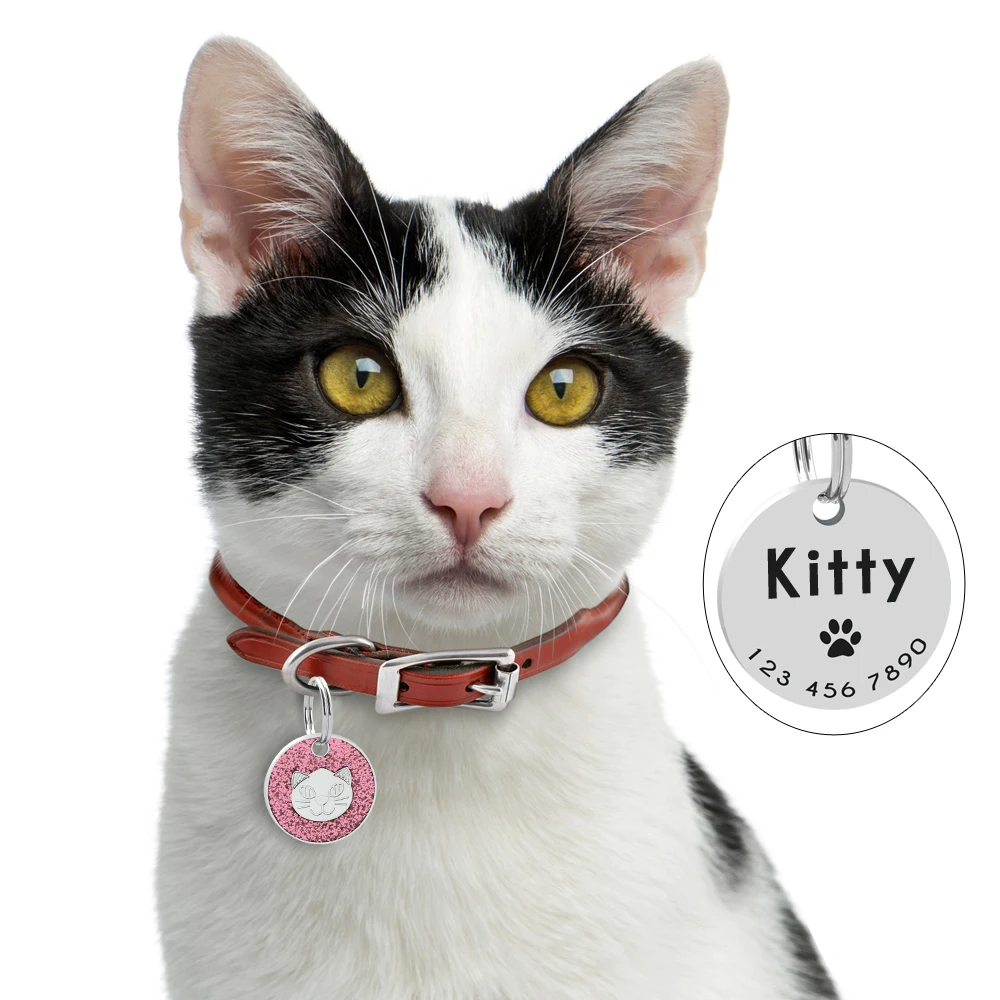 

Custom ID Tag Personalized Name Tag Pendant Collar Cats Plate Pink Accessories Engraved Glitter Name Round Kitten