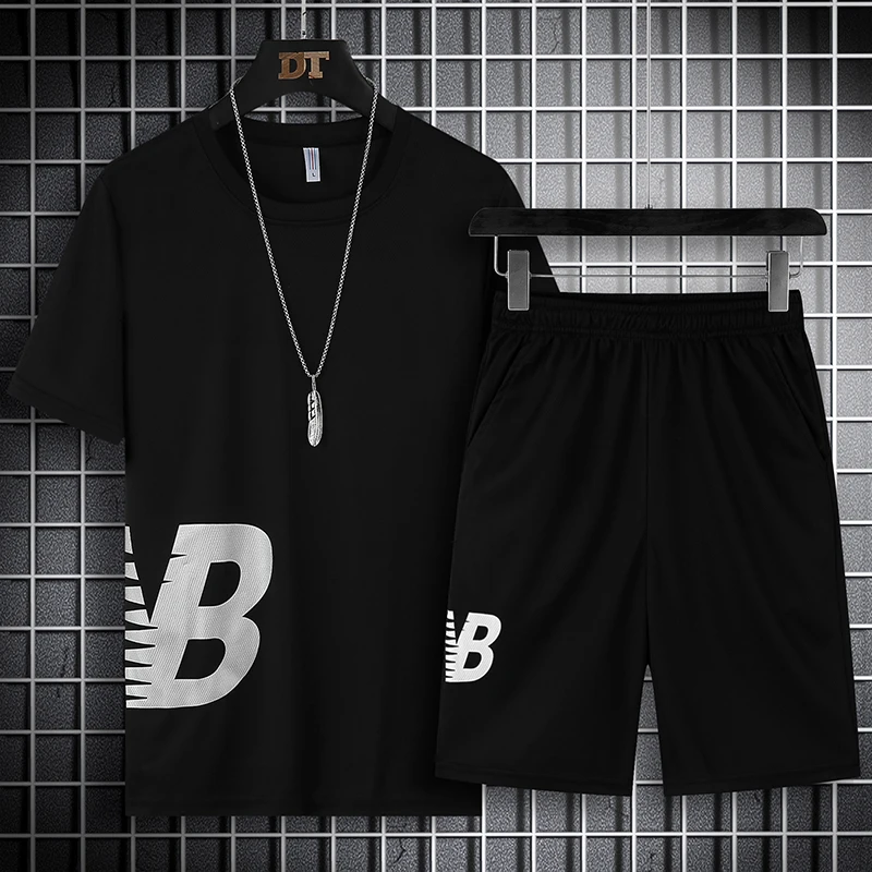 

Summer Fashion Leisure brand Men's Set Tracksuit Sportswear Track Running Suit Sweatsuit Short Sleeves T shirt 2 piece set 5XL