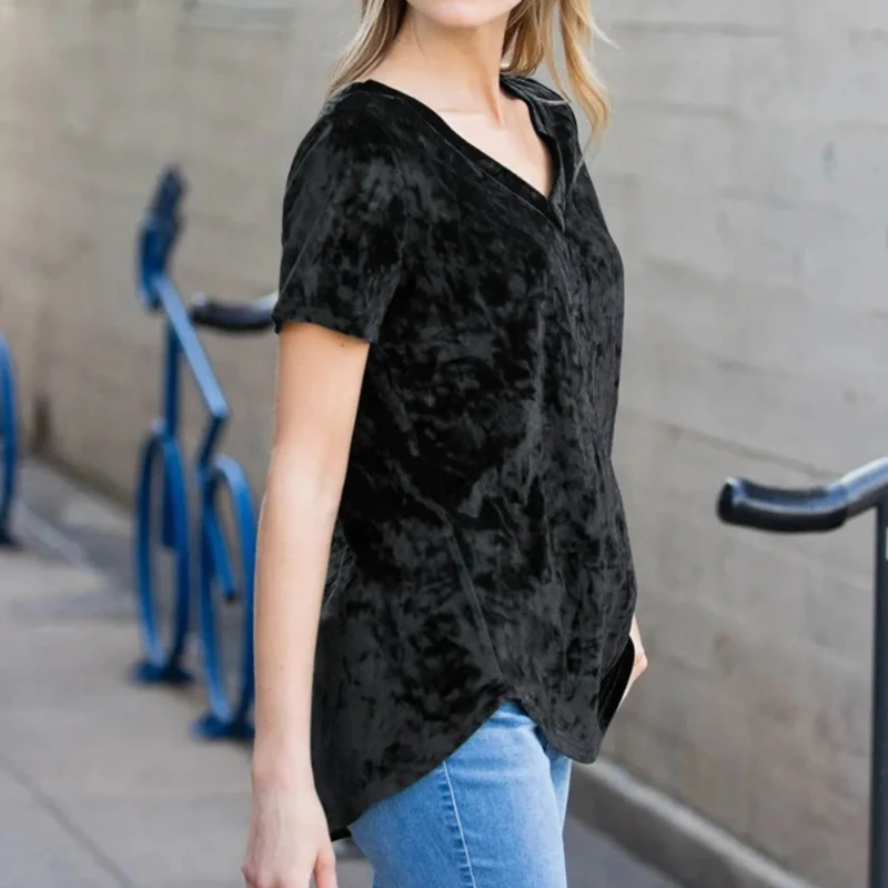 

Gold Velvet Women Blouse Tops Short-sleeved V Neck Casual Ladies Shirt 2020 Summer Elegant Blouse Fashion Female Velvet Shirts