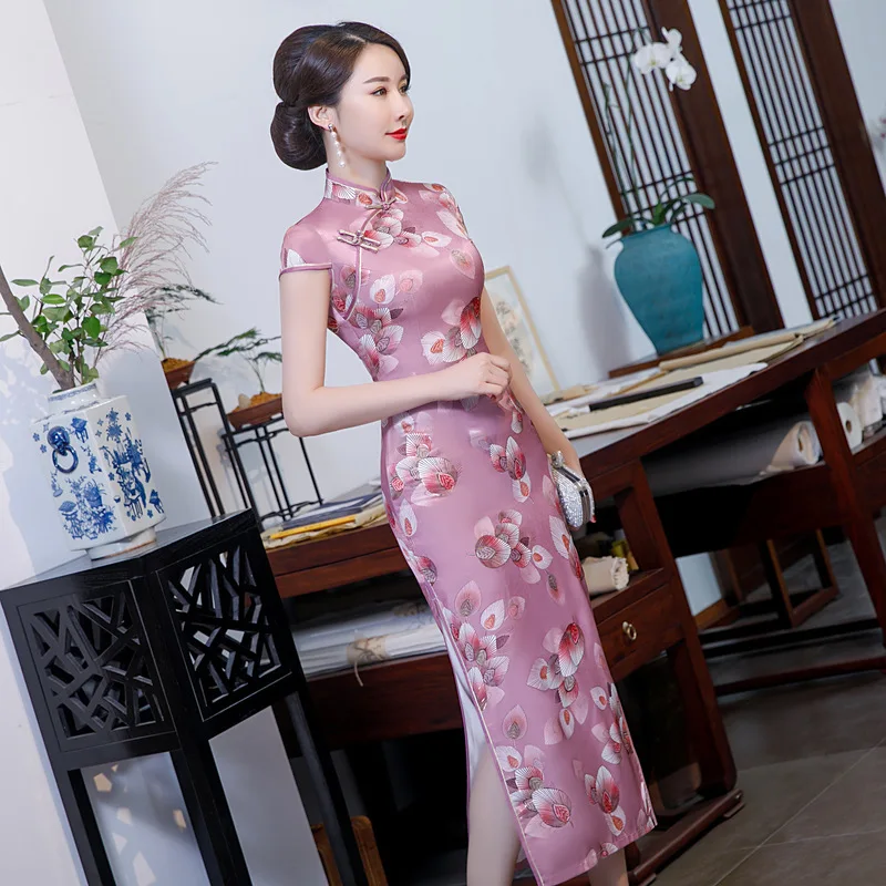

Women Pink Sweet Novelty Qipao Exquisite Print Sexy Slim Short Sleeve Cheongsam Mandarin Collar Elegant Chinese Long Dress