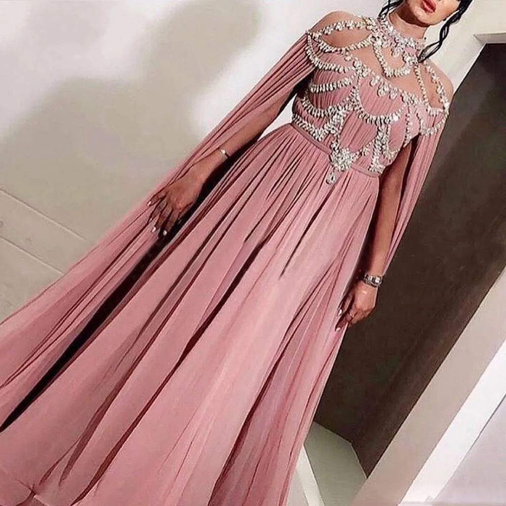 

New Pink Muslim Evening Gown Evening Dresses A-line Illusion High Neck Crystal Chiffon Islamic Dubai Kaftan Saudi Arabic Long