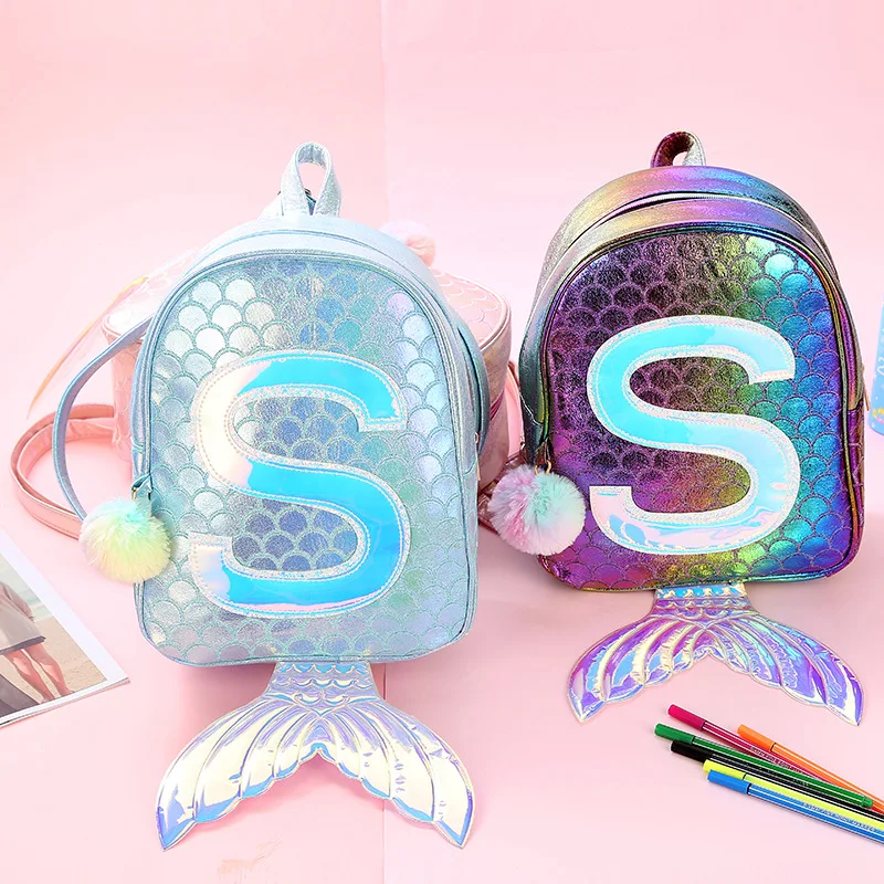 mermaid fish tail Backpack Children Schoolbag for Teenager girl Holographic pu leather bookbag women bag pom casual small bag