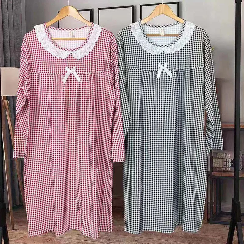 

Women Sweet Sleepdress Cotton O Neck Lace Collar Long Sleeve Nightdress Girls Plaid Print Home Clothes