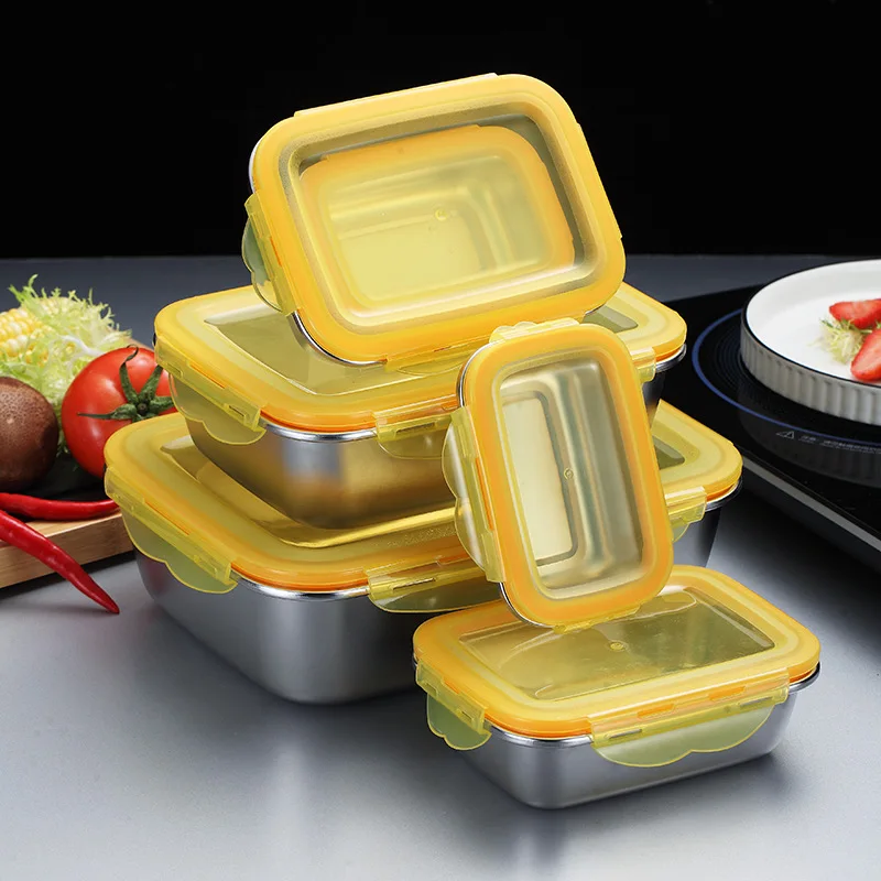 

Set of 4 304 Stainless Steel Fridge Food Container Bento Storage Box Kitchen Items Lunch Organizer Refrigerator Accessories