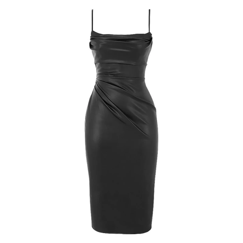 Fashioncyes PU Midi платье для ночного клуба Черное облегающее элегантное Спагетти