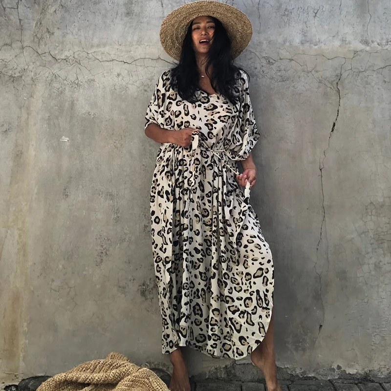 

2021 Beach Kaftan Bikini Cover-ups Bohemian Printed Summer Midi Dress Tunic Women Beach Wear Swim Suit Cover Up Q1226
