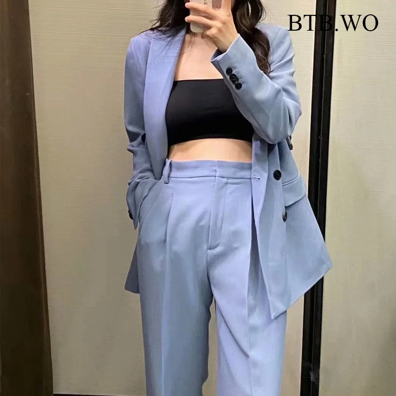 

BTB.WO Za Vintage 2 Piece Set 2021 Women Blazer Suit Double-Breasted Long Sleeve Jacket Female Straight Pants Suit Sets
