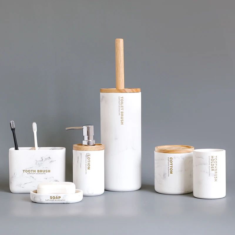 resin imitation marbling bathroom accessories set soap dispenser pump bottle toilet brush soap dish toothbrush holder cotton box free global shipping