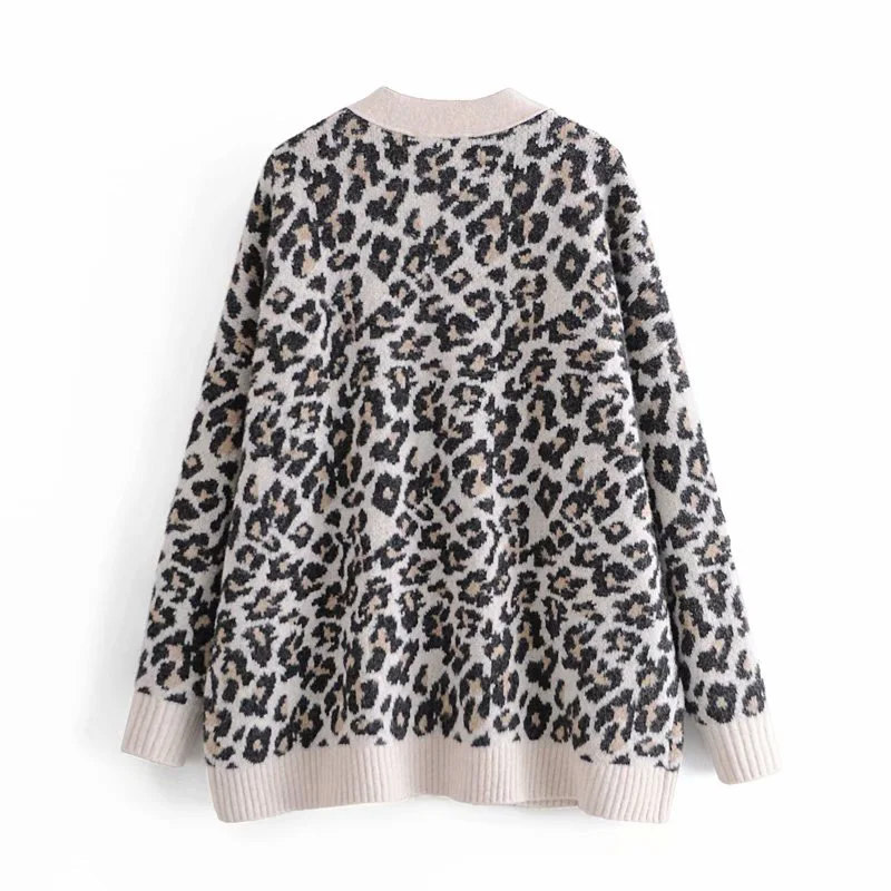 

Spring and autumn women's casual leopard print V-neck long-sleeved pocket cardigan sweater