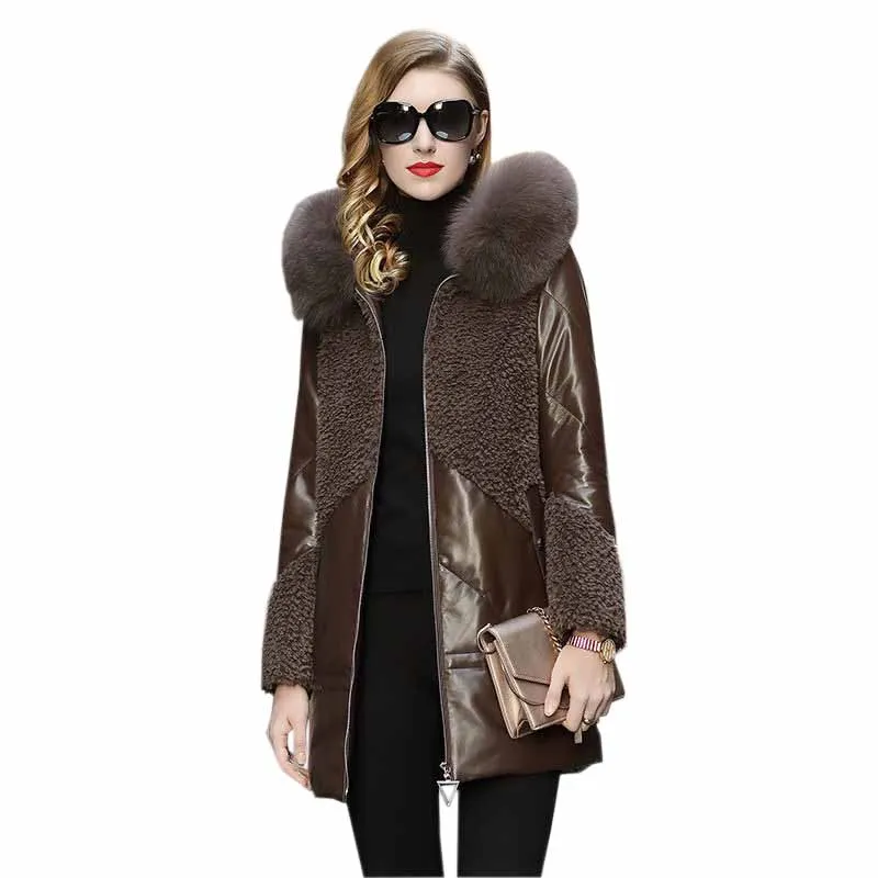 Женский пуховик из натуральной кожи зимняя кашемировая кожаная куртка овечьей с