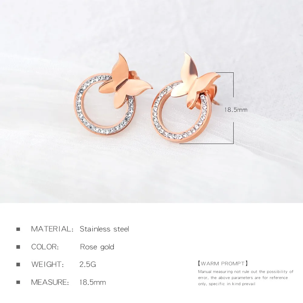 

Cyue Personalized Stainless Titanium Steel Rose Gold Plated Butterfly Stud Earrings Pave AAA Zircon For Women Fashion Jewelry