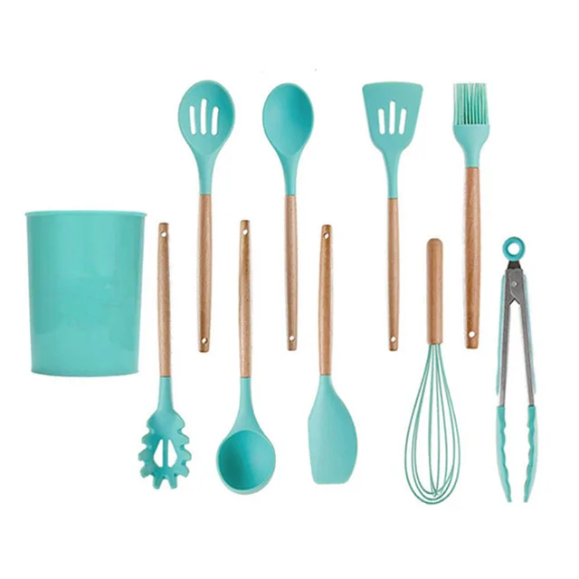 10pcs 5-13 шт силиконовые инструменты для приготовления пищи набор кухонной посуды с ящиком для хранения токарные щипцы шпатель с деревянной ручкой Антипригарная посуда - Цвет: 10pcs