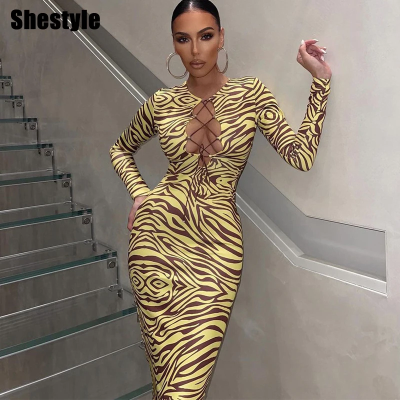 

Shestyle Zebra Print Yellow Pencil Long Dresses Women V Neck Corss Hollow OUt Bandage Sexy Bodycon Party Wear Christmas Outfit