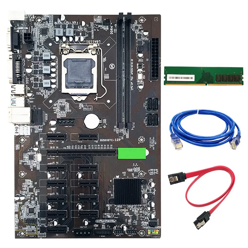 

Материнская плата B250 BTC для майнинга LGA115 PCI-E 3,0 с DDR4 8 Гб 2666 МГц ОЗУ + сетевой кабель RJ45 + кабель SATA для майнинга