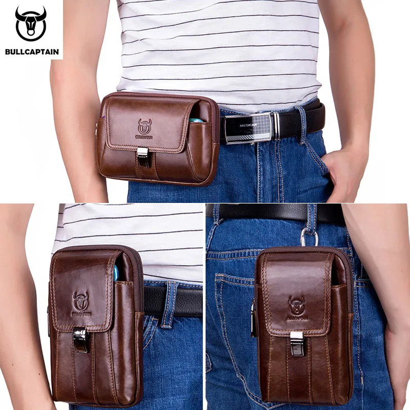 BULLCAPTAIN men's mobile phone waist bag multifunctional first layer cowhide horizontal and vertical models can wear a belt bag