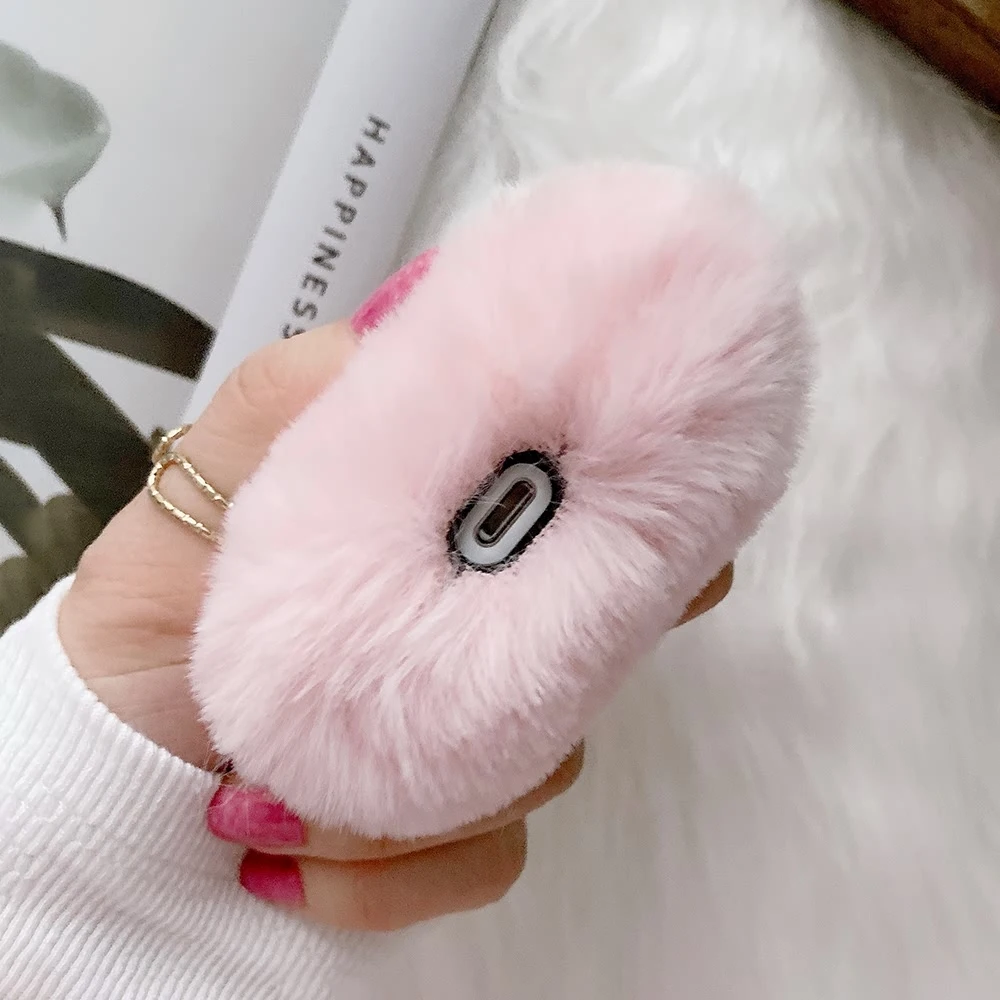 

Artificial Rabbit Fur Case for AirPods 1 2 Wireless Charging Fluffy Box with Carabiner Plush Protector Cover for Airpods Pro