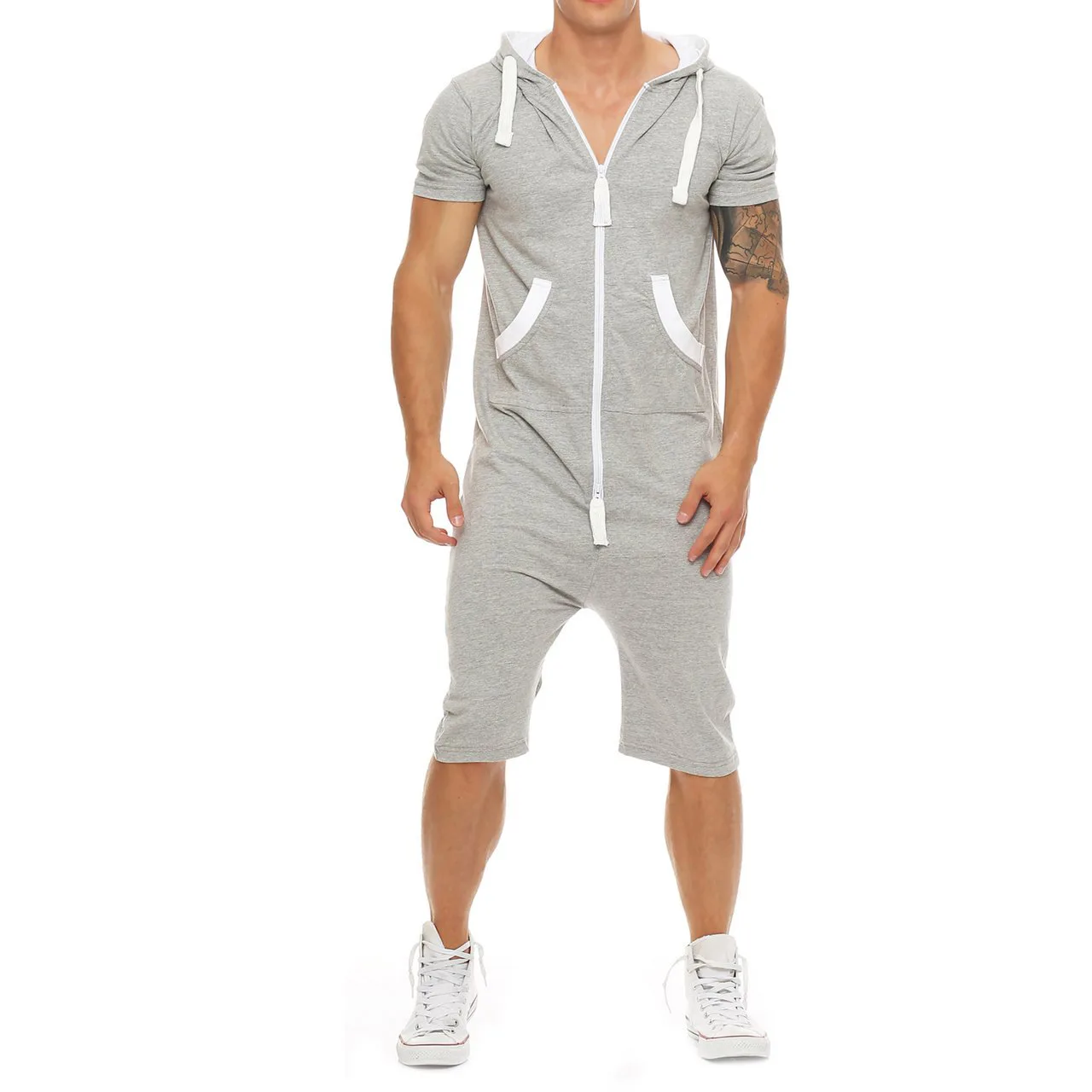 

E-BAIHUI Summer Men Jumpsuit Patchwork Camouflage Tracksuit Casual Zipper Short Sleeve Hooded with Pockets Short Overalls F815