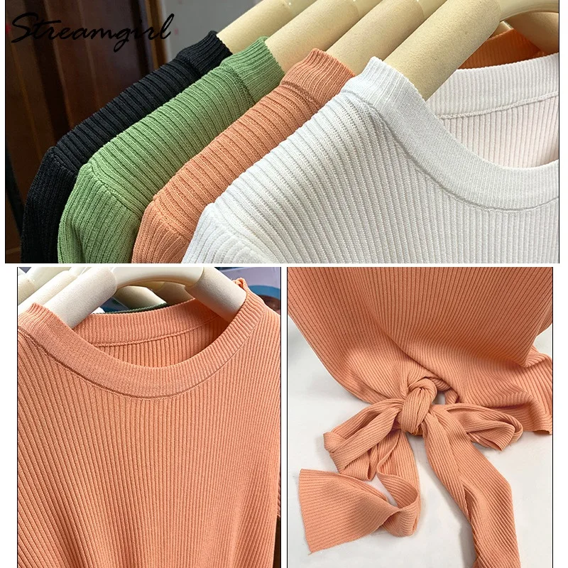 

Thin Knitted T Shirt Women Summer Tshirt Woman Short Sleeve Lace Up T Shirts Women 2020 Summer Ice Silk T-shirt For Ladies