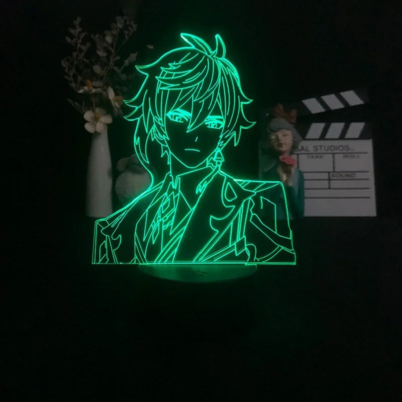 

Ночник с 3D иллюзией Zhongli, фигурка ночного освещения, светодиодный Аниме настольный светильник, Bluetooth динамик Genshin Impact, детская игрушка, подар...