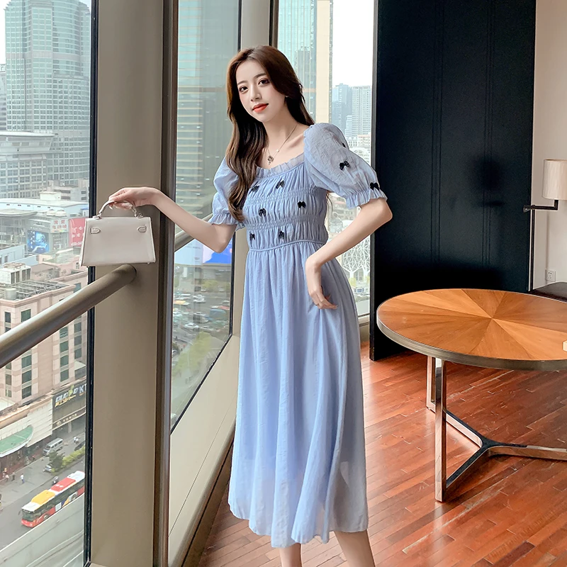 

Make summer received new temperament of han edition cultivate one's morality show thin waist a word shoulder two wear bowknot fa