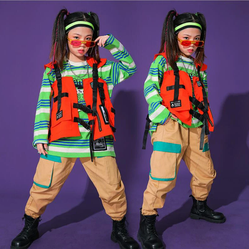 

Kids Hip Hop Show Clothing Stripe Sweatshirt Tops Streetwear Cargo Pants for Singers Girl Boy Jazz Dance Costume Rave Clothes