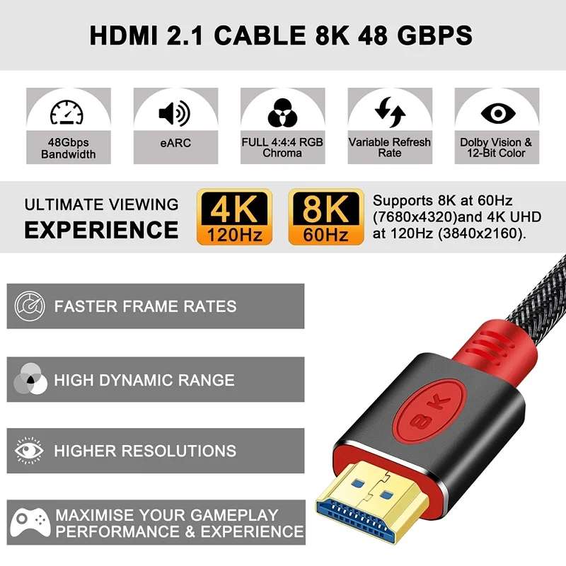 Кабель HDMI-com 8K @ 60 Гц 4K 120 Ultra ARC HDR высокоскоростной 48 Гбит/с HDCP2.2 для разветвителя PS4