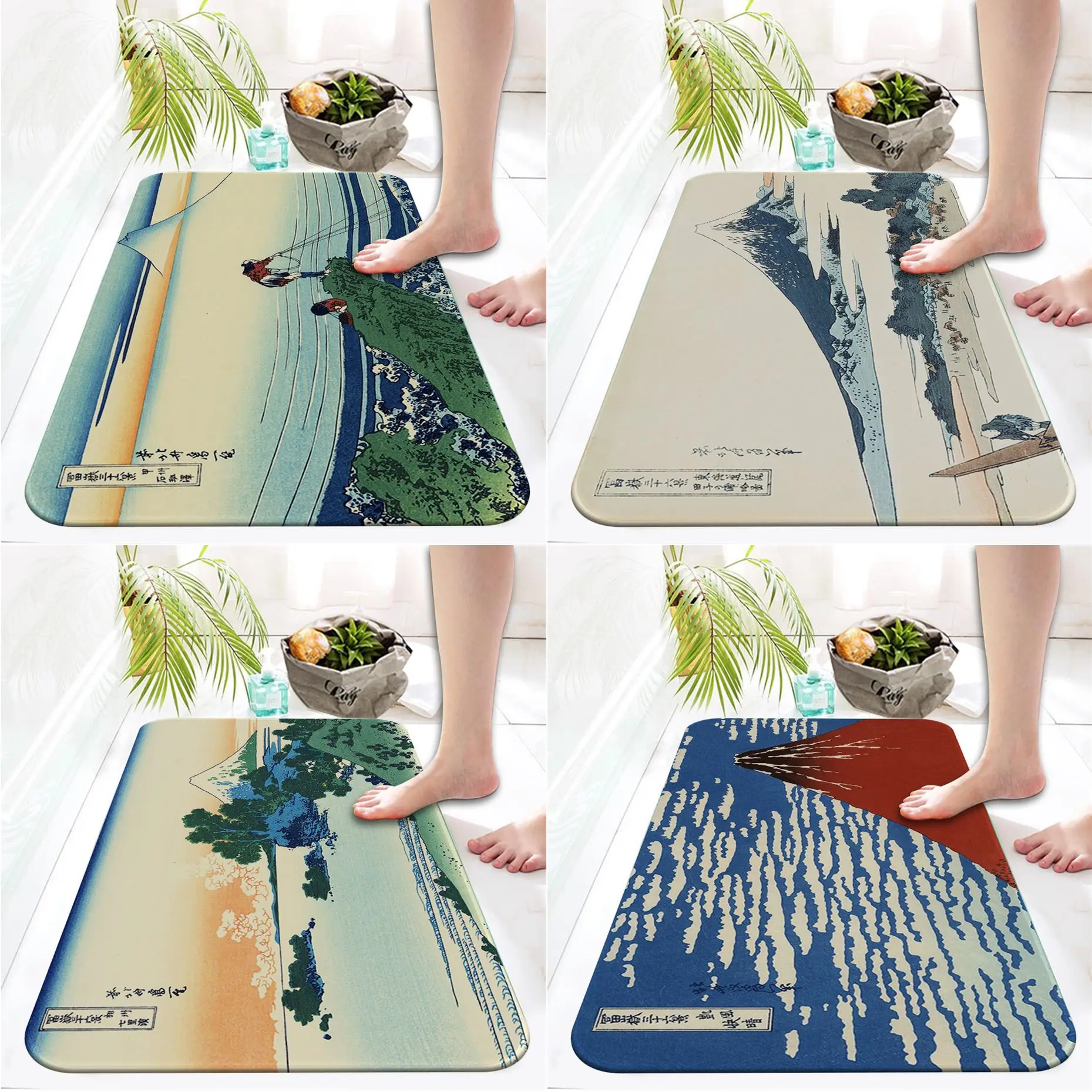 

Japanese Mount Fuji Koi art Printed Flannel Floor Mat Bathroom Decor Carpet Non-Slip For Living Room Kitchen welcome Doormat