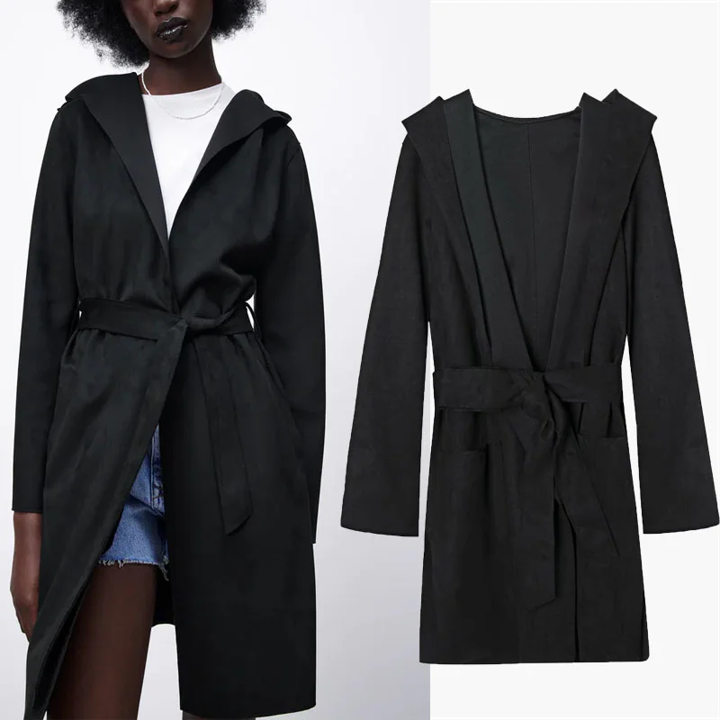 

Za 2021 Faux Suede Black Jackets Woman Autumn Vintage Hooded Long Sleeve Coat Casual Welt Pocket Tied Belt Female Long Jacket