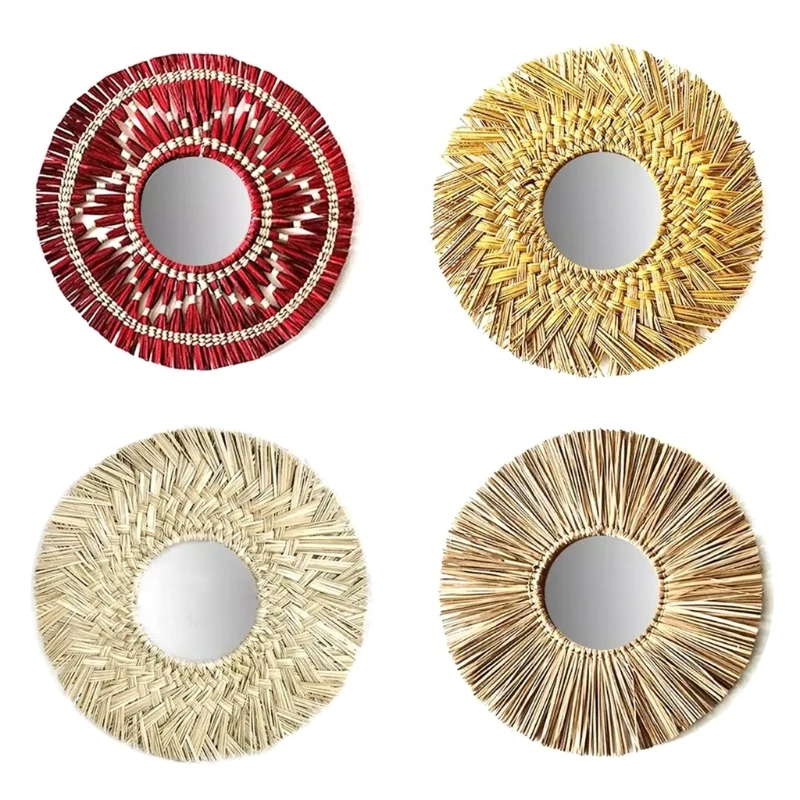 

Rattan Plaited Seaweed Art Makeup Mirror Wall Hanging Home Living Room Bedroom Decoration Photography Prop