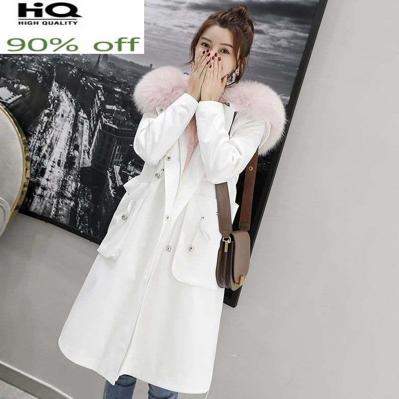 

Real Fur Parka Winter Jacket Women Natural Fox Rabbit Fur Liner Long Coat Female Fox Fur Collar Warm Parkas Hiver PK-19TH