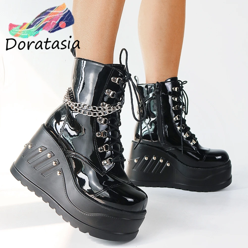 trendy ins hot sale brand punk goth round toe platform wedges womens boots lace up chain 2021 casual luxury womens shoes free global shipping