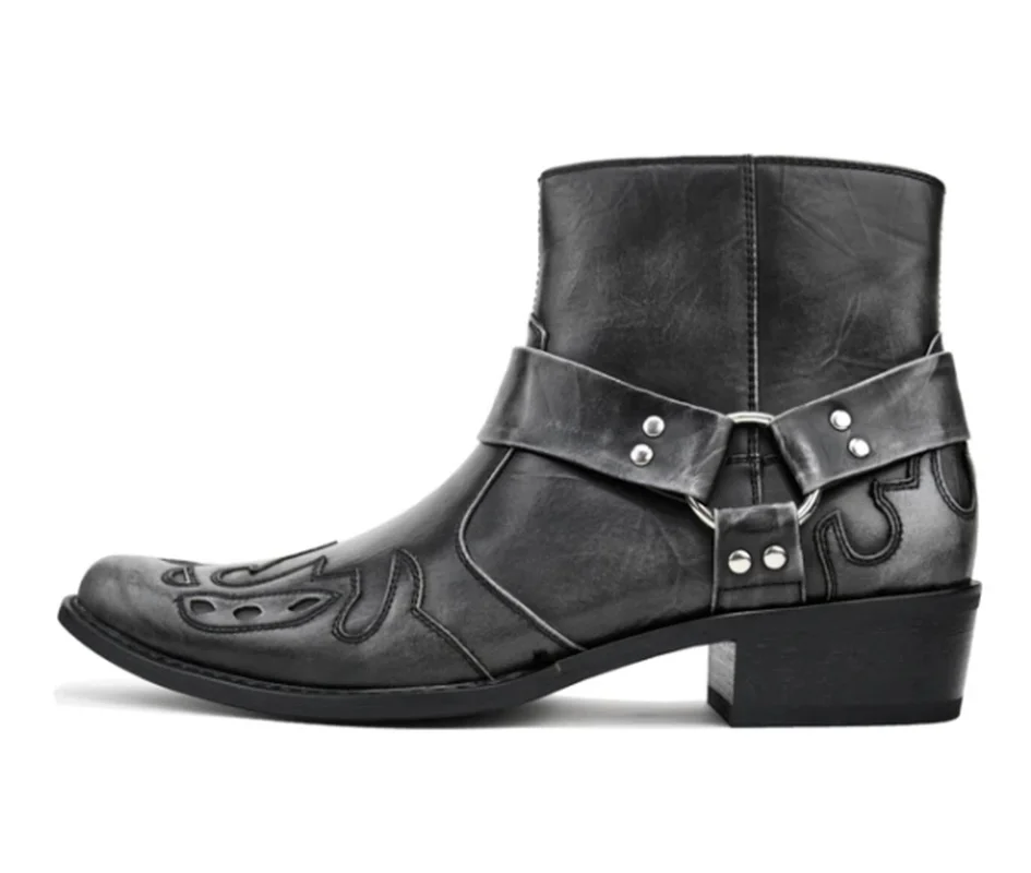 

New Arrival Men Pu Leather Buckle Strap Design Fashion Retro Pointed Toe Ankle Cowboy Boots Zapatos De Seguridad Hombre XM426