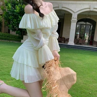 two piece suit female sweet and spicy sexy one shoulder chiffon short top high waist pleated cake skirt solid summer
