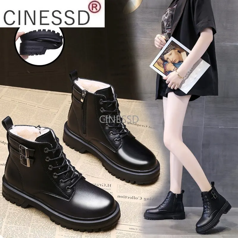 

Women Plus Velvet Warm Black Platform Short Boot Booties Woman 2022 Autumn Winter New Side Zipper Belt Buckle Martin Ankle Boots