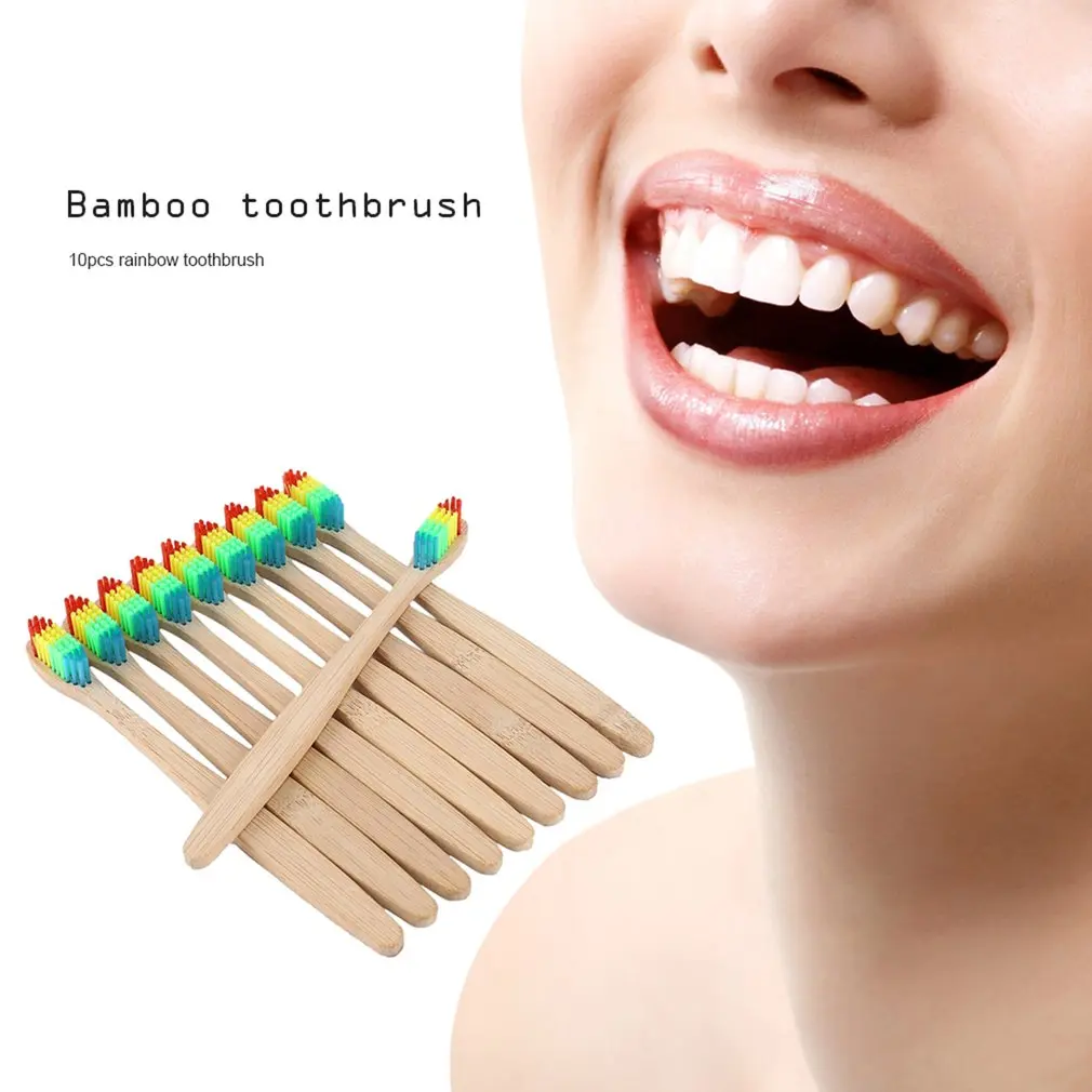

Colorful Hair + Bamboo Handle Toothbrush Environment Wooden Rainbow Bamboo Toothbrush Oral Care Soft Bristle Unisex