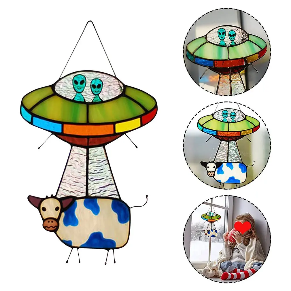 

UFO Alien Cow Pendant Ornaments Stained Glass UFO Window Panel Painted UFO Pendant Window Hangings Home Decoration