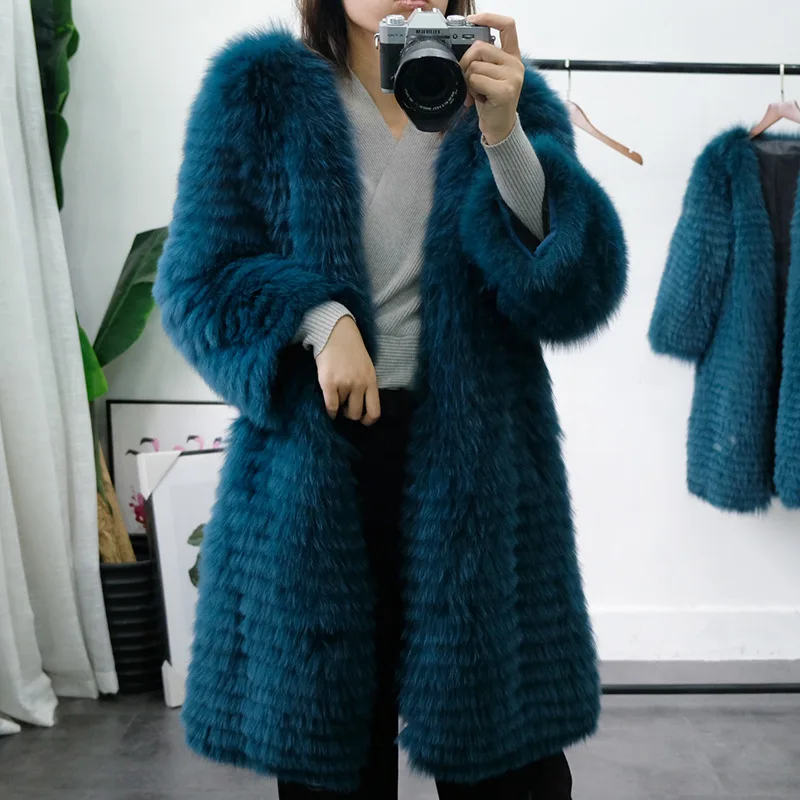 Enlarge Natural Fox Fur Coats Middle Length Winter Slim Fur Strip Sewed Together Overcoat Turquoise Warm Thick Women Jacket Parkas WH391