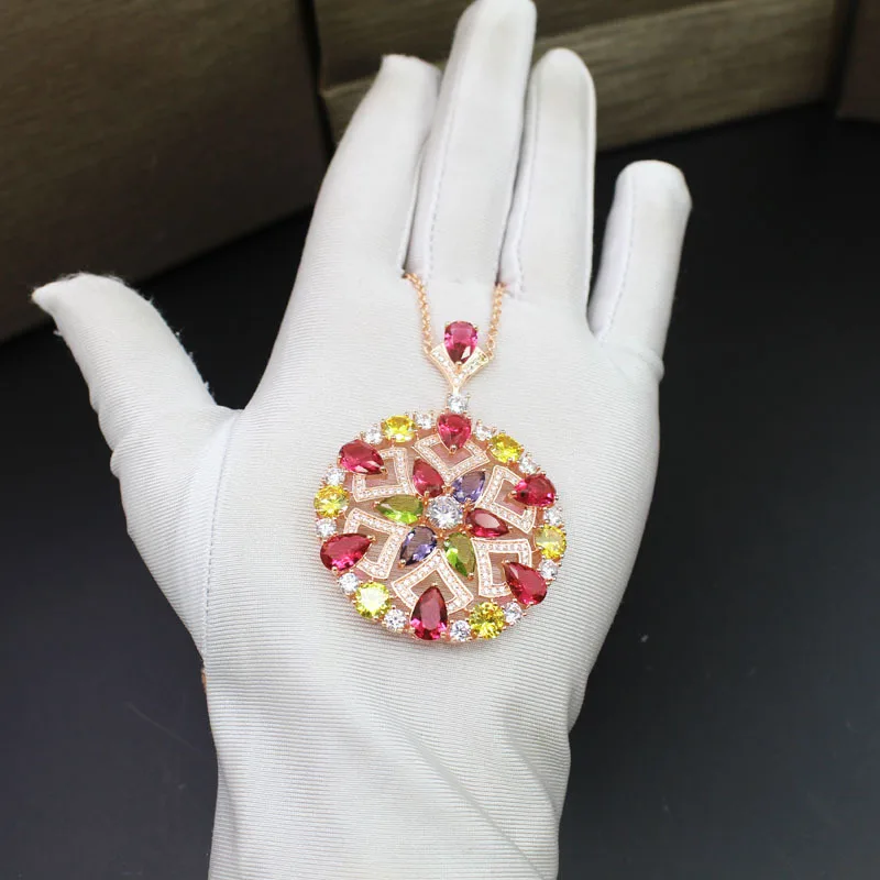 

Кулон с фианитами класса ААА +, Геометрическая подвеска цвета розового золота с красным Рубином, цветочное ожерелье вечерние вечерняя бижут...