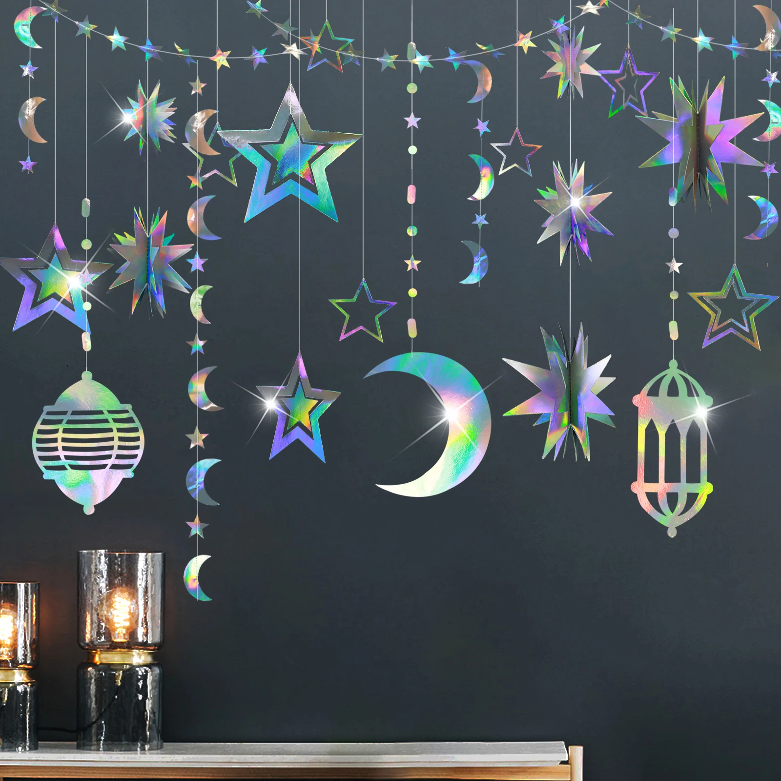

5Packs Laser Iridescent EID Ramadan Crescent Twinkle Little Star Moon Garlands Kids First Birthday EID Mubarak Baby Shower Decor