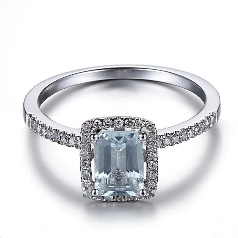 

Solid 10K White Gold 100% Genuine Aquamarine Gemstone Ring Engagement Diamonds Rings For Women Exquisite Gift Fine Jewelry