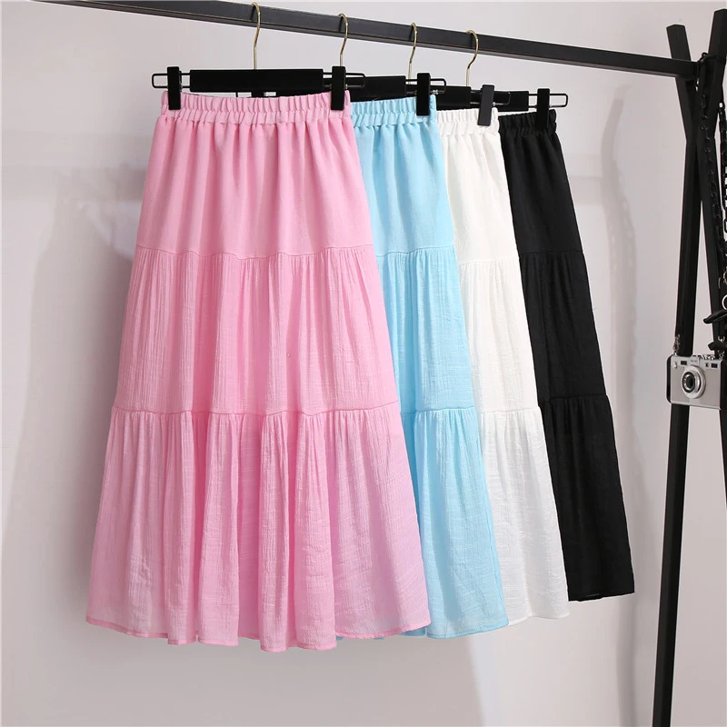 

Casual Solid Womens Midi Skirt 2021 Summer Elastic High Waisted Female Elegant Women Pleated Skirts Woman Mid-Calf Faldas Largas