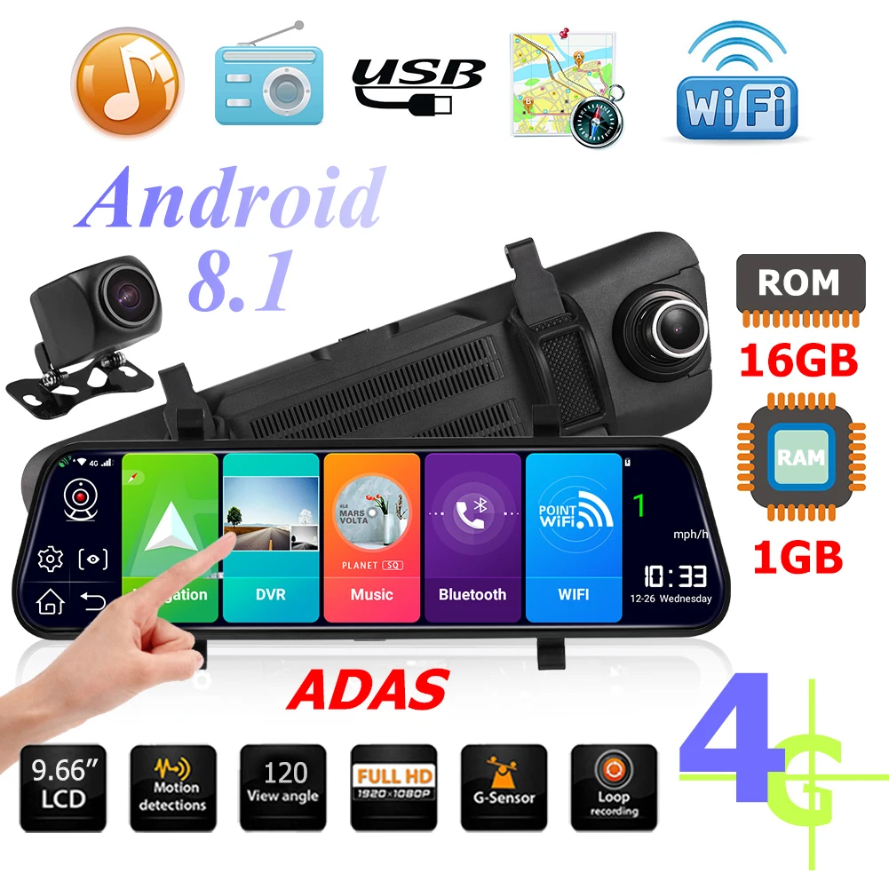 9,66 дюймов DVR 4G Android 8,1 Автомобильная камера с зеркалом заднего вида Bluetooth gps навигатор ADAS камера ночного видения