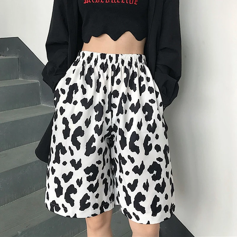 Summer Harajuku Cow Pattern Printed Loose Straight Wide Leg Fve-Point Pants