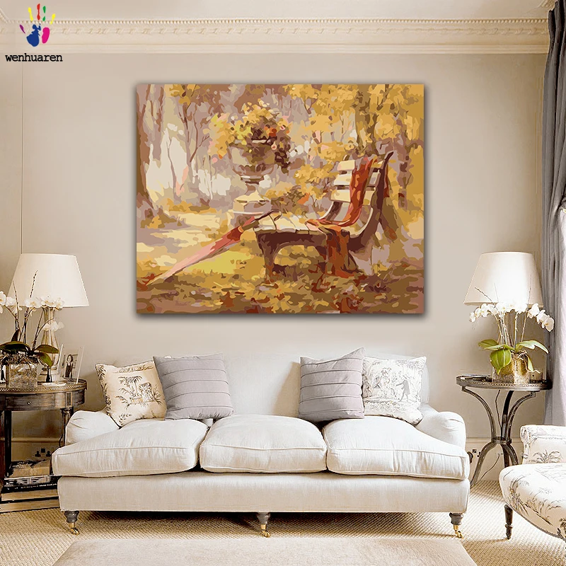 DIY картинки для раскраски по номерам с цветами стул отдыха в осенний пейзаж