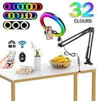 RGB Color Soft Ring Light Circle Lamp With Desk Long Arm Tablet Tripod Phone Holder Stand Photography Lighting Selfie RingLight