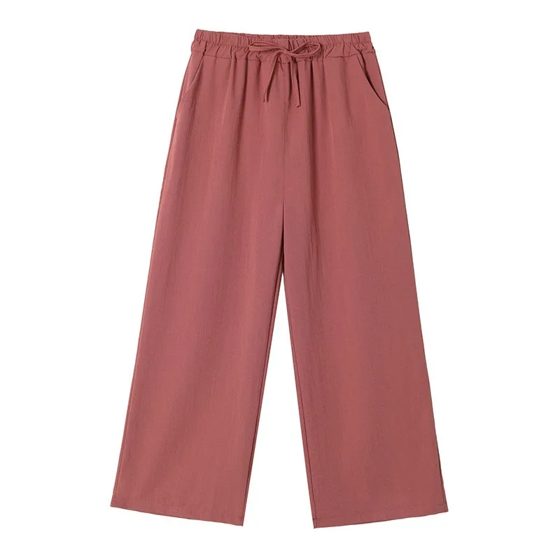 

New Korean Spring Summer Cotton Linen Wide Leg Pant High Waist Drawstring Elastic Capris Trousers Women Casual Ankle-length Pant